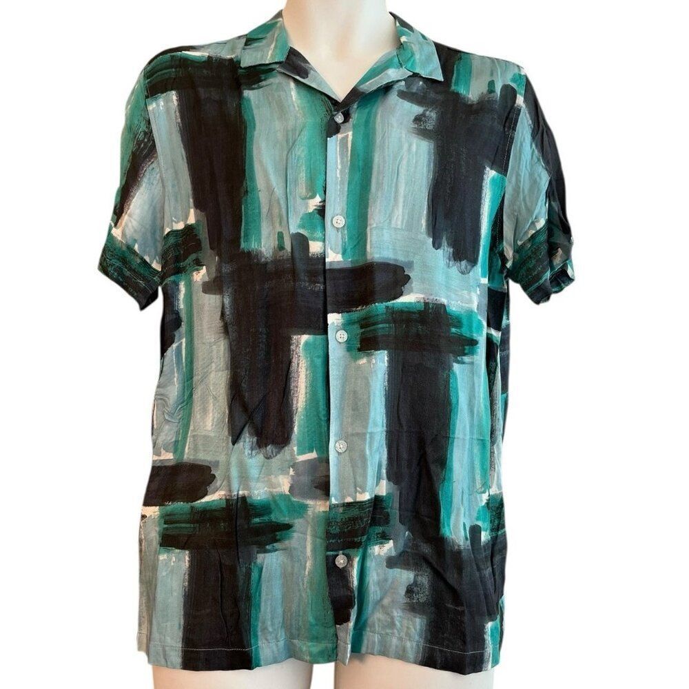 Topman Mens Small Green Colorful Abstract Print Short Sleeve Button Up Shirt